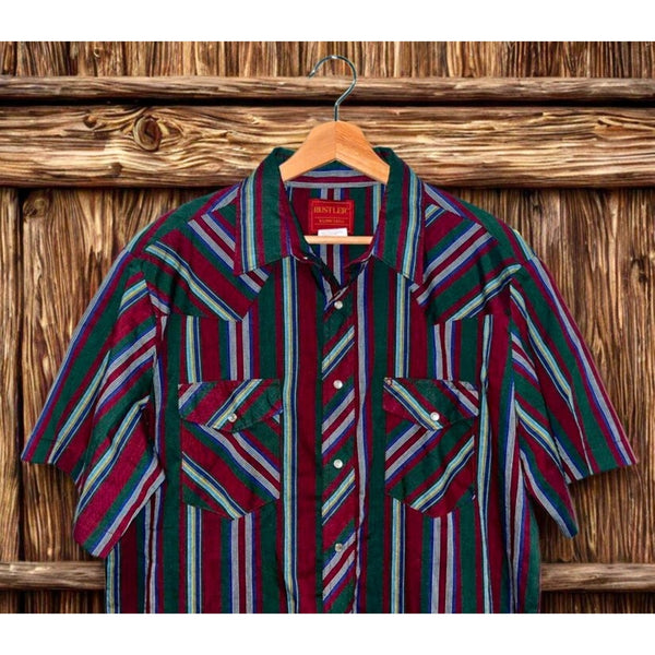 Rustler Western Pearl Snap Shirt Mens L Striped X-Long Tails Rodeo Vintage