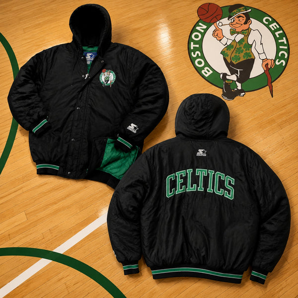 Boston Celtics Starter Hooded Parka Jacket Mens L Vintage 90s NBA Black Green