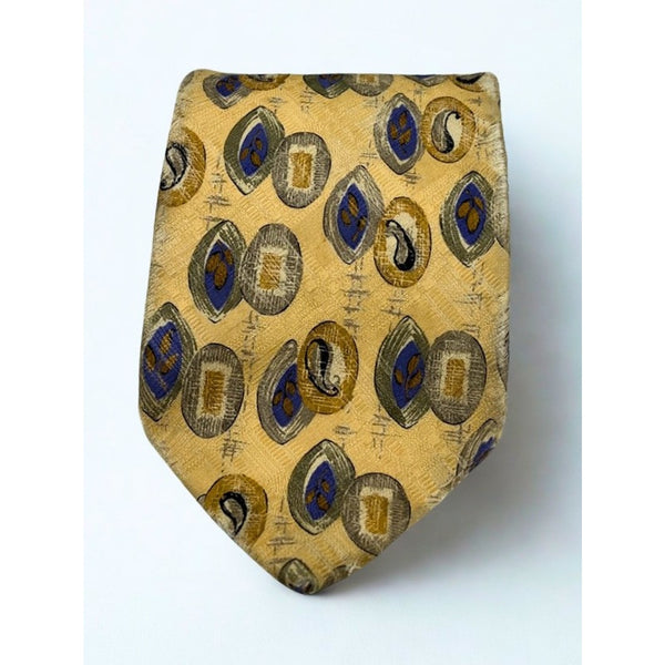 Brioni 100% Silk Tie Handmade Italy Gold Blue Abstract Luxury Designer Classic
