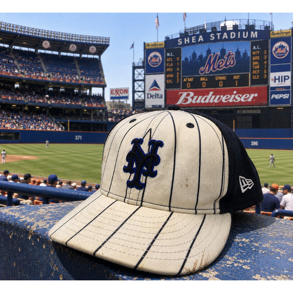 New York Mets New Era 59FIFTY Pinstripe Fitted Hat 7 3/8 USA Wool Y2K MLB Cap