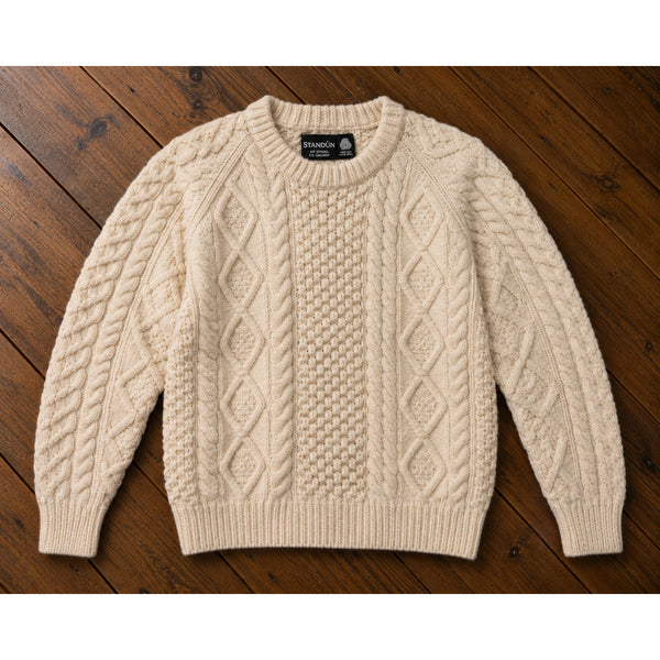 Standun Aran Irish Wool Fisherman Cable Knit Sweater Men's S Cream Handmade