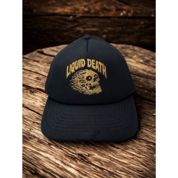 Liquid Death Black Mesh Trucker Snapback Gold Skull Logo NWOT