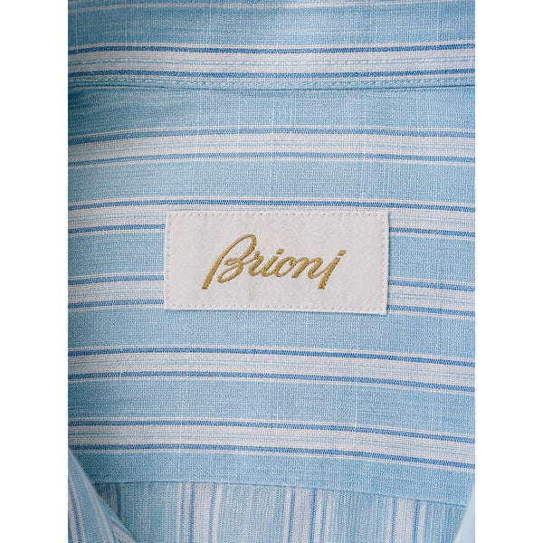 Brioni Mens XL Blue Striped Linen Cotton Button Down Shirt Made Italy Luxury