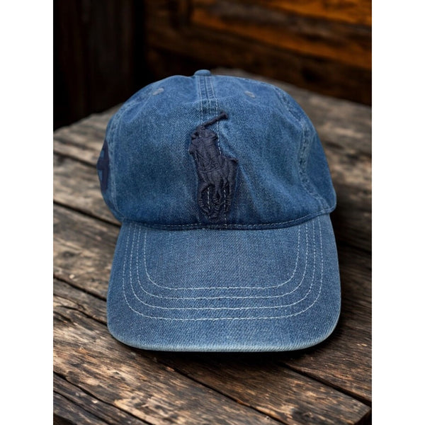 Polo Ralph Lauren Classic Chino Sport Cap Blue Raised Pony Leather Strap EUC