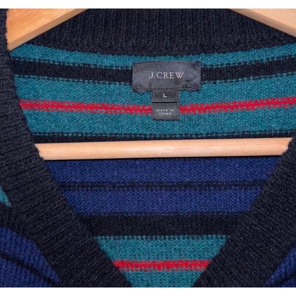 J.Crew Lambswool Crewneck Sweater Men’s Large Tartan Stripe Knit Pullover
