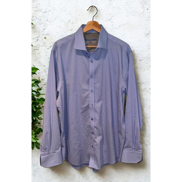 Twillory Shirt Mens 17-34/35 Blue Check Tailored Fit Dress Performance EUC