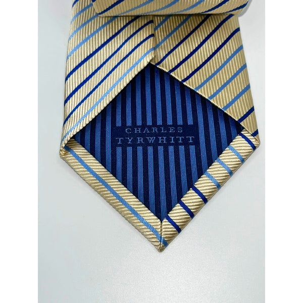 Charles Tyrwhitt Men’s 100% Silk Tie Beige Blue Striped Classic Necktie EUC