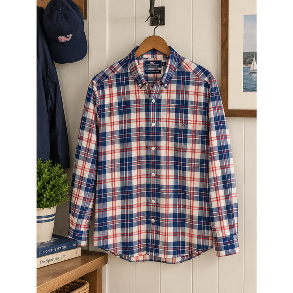 Vineyard Vines Performance Slim Tucker Shirt Men's XL Dorchester Plaid Blue Red
