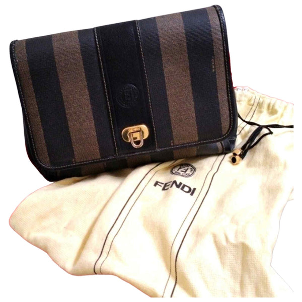 Fendi Purse PEQUIN BAG Striped Leather Gold Modern Pockets Organizer VNTG