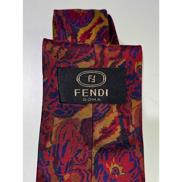 Fendi Roma Handmade Silk Tie Italy Red Blue Gold Abstract Luxury Designer Tie