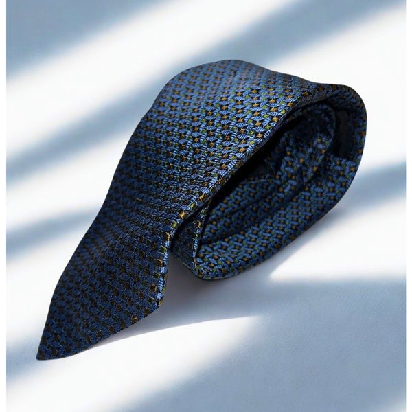 Fendi Roma Silk Tie Handmade Italy Blue Gold Geometric Pattern Luxury Designer