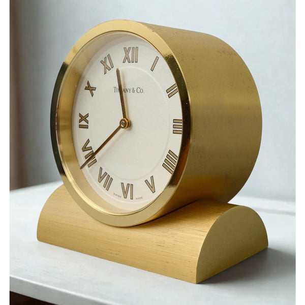 Tiffany & Co Swiss Quartz Brass Desk Clock Roman Numerals Gold Tone Switzerland