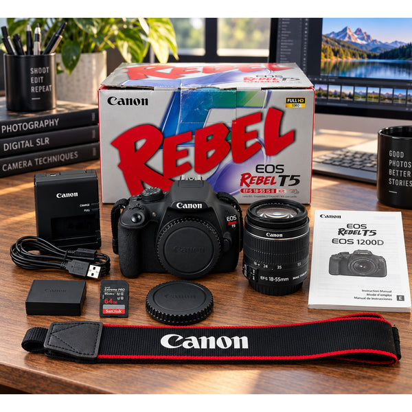 Canon EOS Rebel T5 DSLR Camera 18MP w/18-55mm Lens Box 64GB Tested