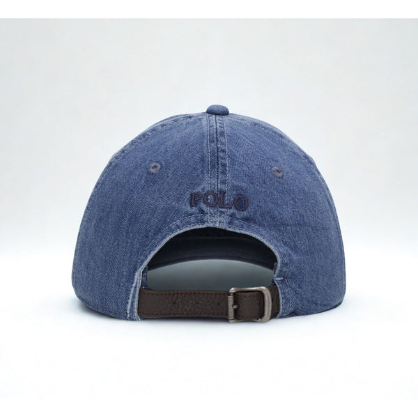 Polo Ralph Lauren Classic Chino Sport Cap Blue Raised Pony Leather Strap EUC