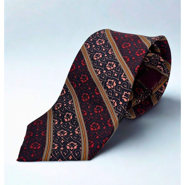 Yves Saint Laurent Vintage 80s Silk Tie Floral Stripe Handmade Italy Luxury