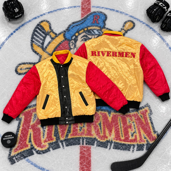 Jeff Hamilton Peoria Rivermen Reversible Leather Satin Jacket M 90’s Hockey VTG