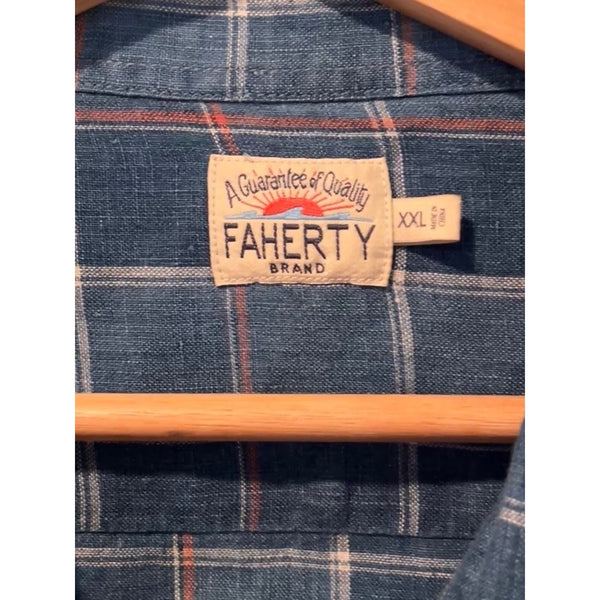Faherty Brand Mens 2XL 100% Linen Indigo Blue Plaid Button Down Beach Shirt