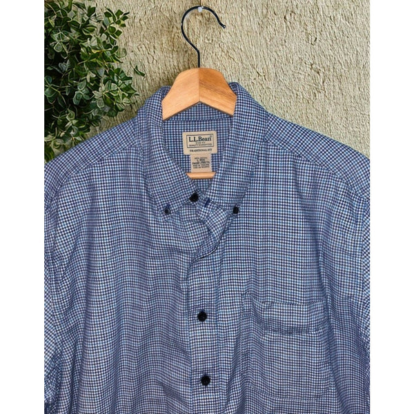 L.L. Bean Blue Houndstooth Check Flannel Button Down Shirt Pocket Sz. L