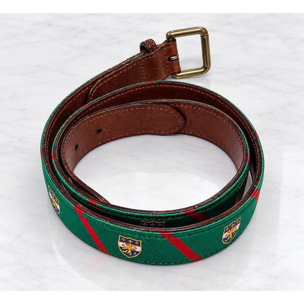 Polo Ralph Lauren Leather Trim Silk Jacquard Belt Men's 38 Green Crest Stripe