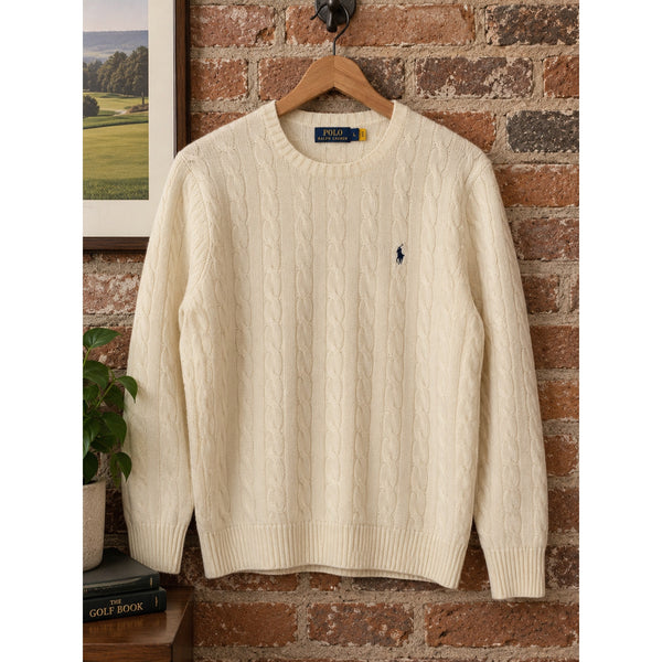 Polo Ralph Lauren Cable Knit Sweater Men's L Cream Wool Cashmere Pony