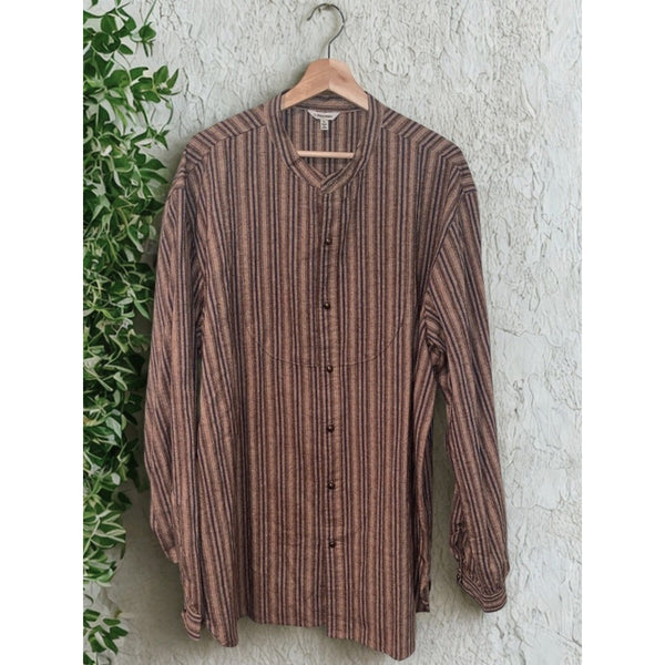 J. Peterman Grandad Band Collar Shirt Sz. XL Striped Brass Button Cotton Vintage