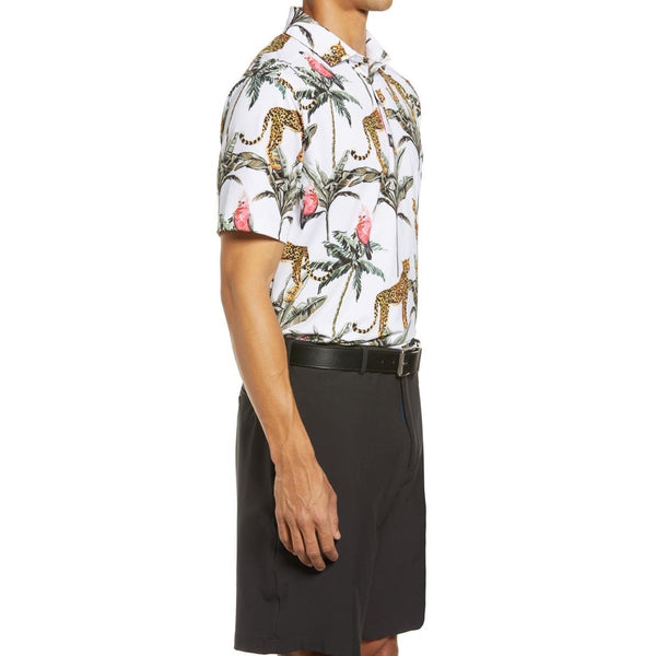 Bad Birdie Golf Polo Shirt Mens Large NWOT Hawaiian Cheetah Parrot Palm Print