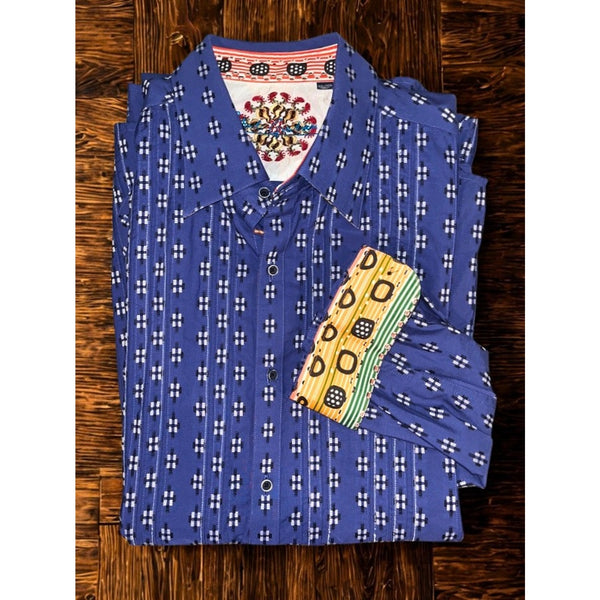 Robert Graham Textured Shirt Sz. 3XL Blue Geometric Flip Cuff Button EUC