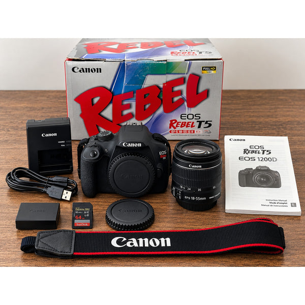 Canon EOS Rebel T5 DSLR Camera 18MP w/18-55mm Lens Box 64GB Tested