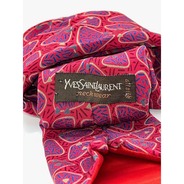 Yves Saint Laurent Vintage 80s Silk Tie Navy Red Geometric Italy Handmade Retro