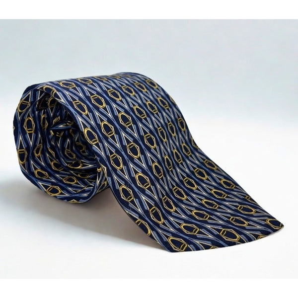 Paolo Gucci Vintage Equestrian Silk Tie Navy Blue Gold Geometric Made in Italy