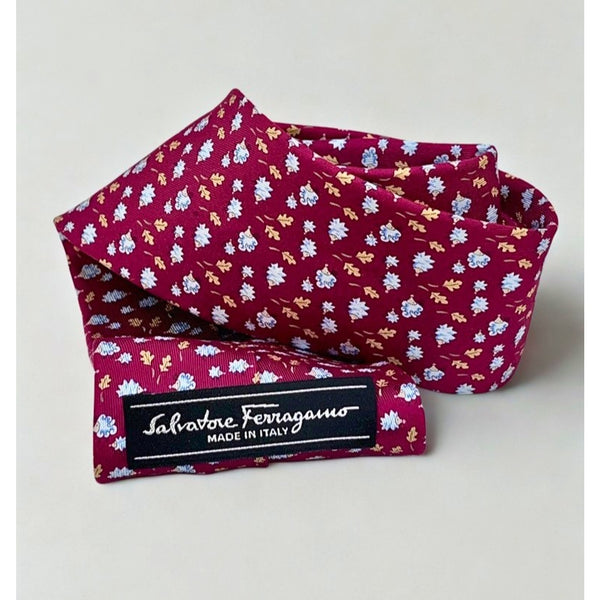 Salvatore Ferragamo Vintage Silk Tie Italy Floral Hand Made 100% Luxury Red