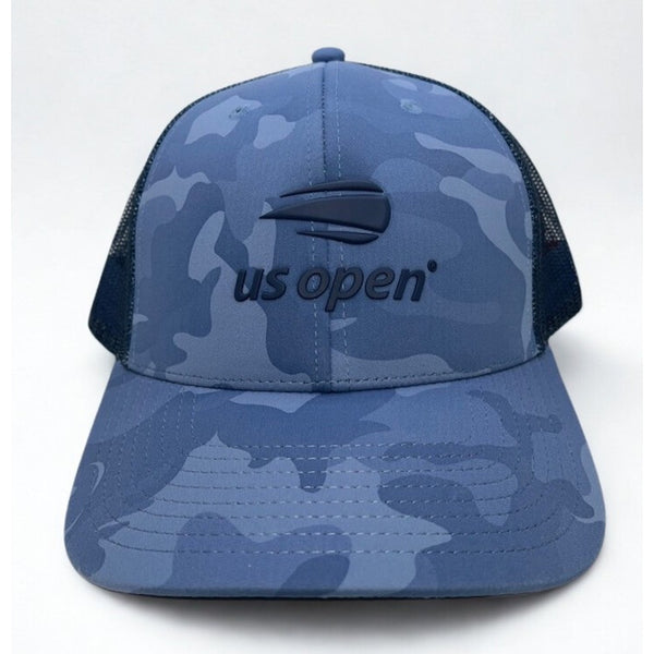 US Open Tennis American Needle Blue Camo Mesh Trucker Hat Adjustable EUC