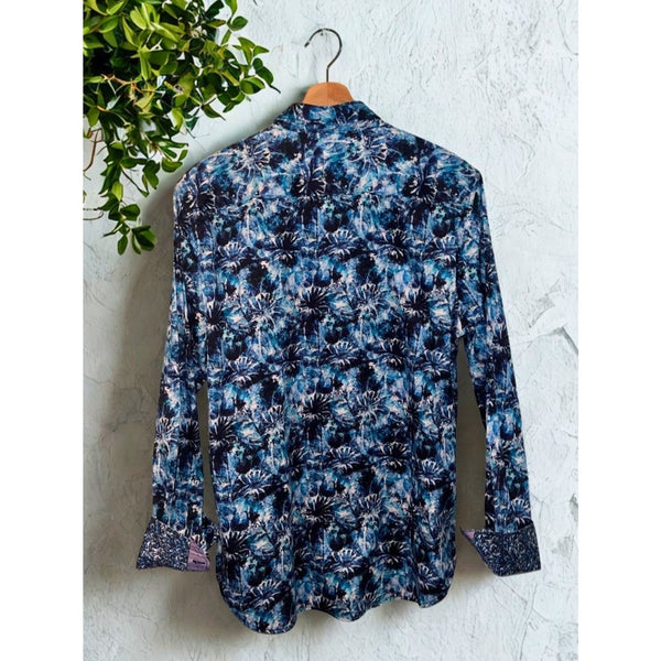 Robert Graham Blue Floral Shirt Mens M Flip Cuff Geometric Button Down EUC