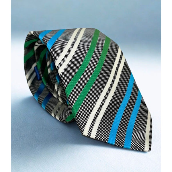 Eton Silk Neck Tie Made in England Blue Green Black White Striped Luxury Tie