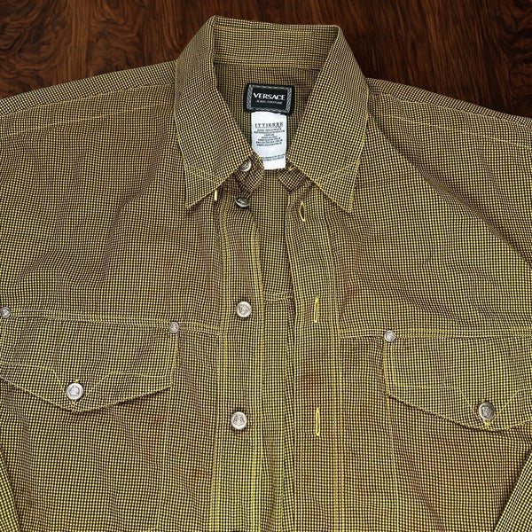 Versace Jeans Couture Ittierre 90s Plaid Button Up Shirt Black Yellow Sz XL