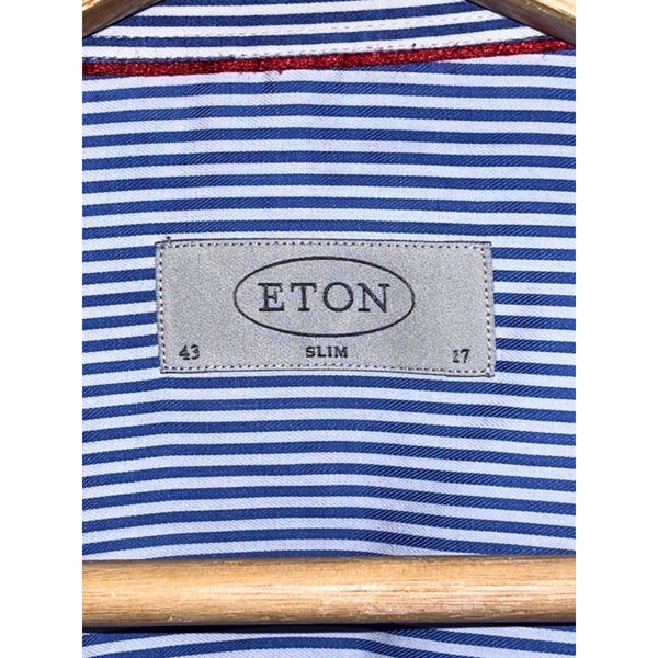 ETON Slim Fit Dress Shirt 17 43 Blue White Stripe Spread Collar Luxury Cotton