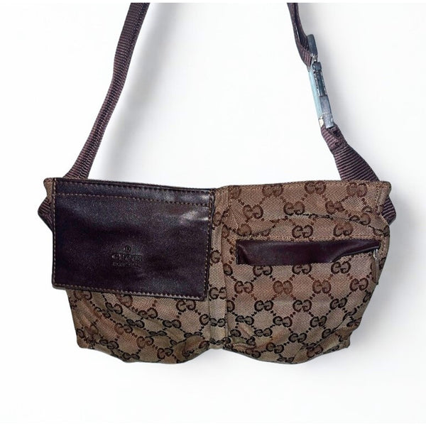 Gucci GG Canvas x Leather Beige Brown Waist Bag Belt Bag Crossbody 28566 Italy