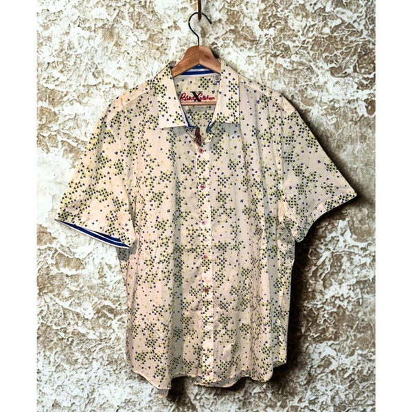 Robert Graham Bees Print Shirt 3XL White Blue Yellow Tailored Fit Short Sleeve