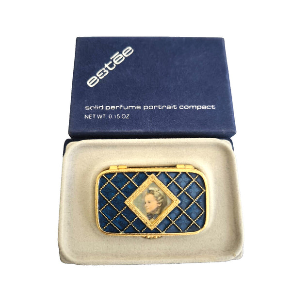 Estee Lauder Cobalt Blue Enamel Portrait Solid Perfume Compact NIB VTG