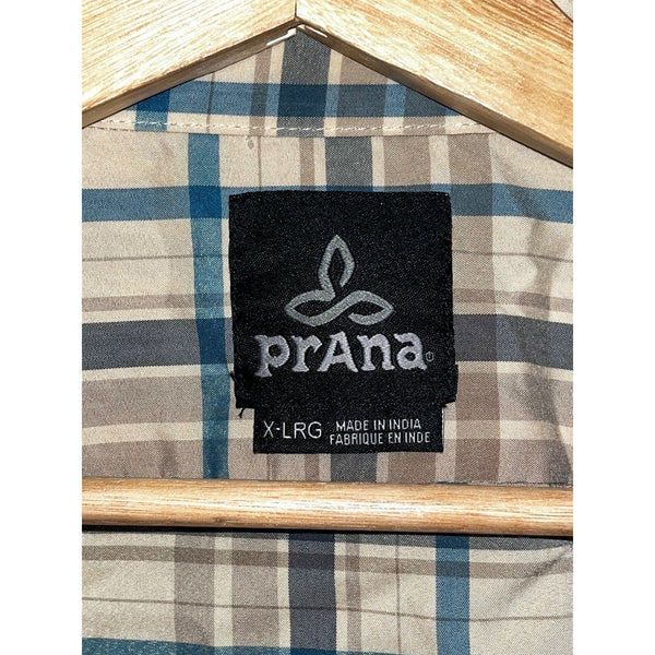 prAna Men’s Tan Plaid Button Down Shirt Long Sleeve Collared Casual Sz XL