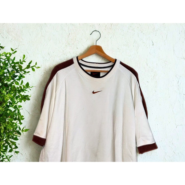 Nike Center Swoosh Ringer Raglan T-Shirt White Maroon XXL Early 90s Taiwan