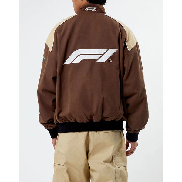 PacSun Formula 1 F1 Racing Bomber Jacket Brown Tan Full Zip Men’s Large