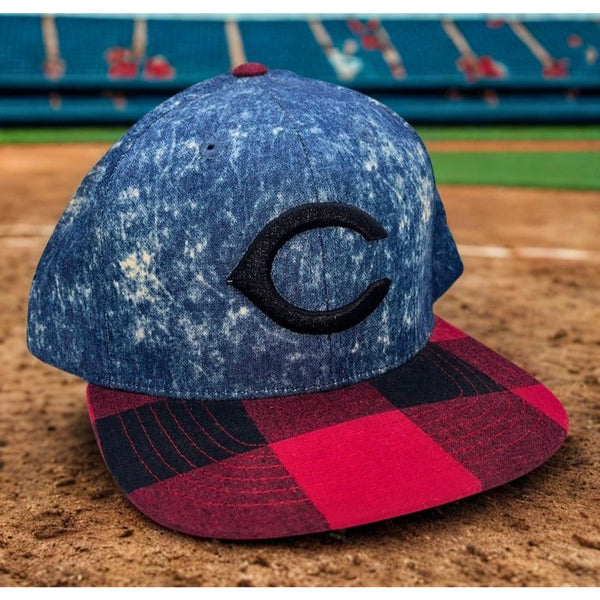 Cincinnati Reds American Needle Cooperstown Denim Plaid Strapback Hat OSFA MLB