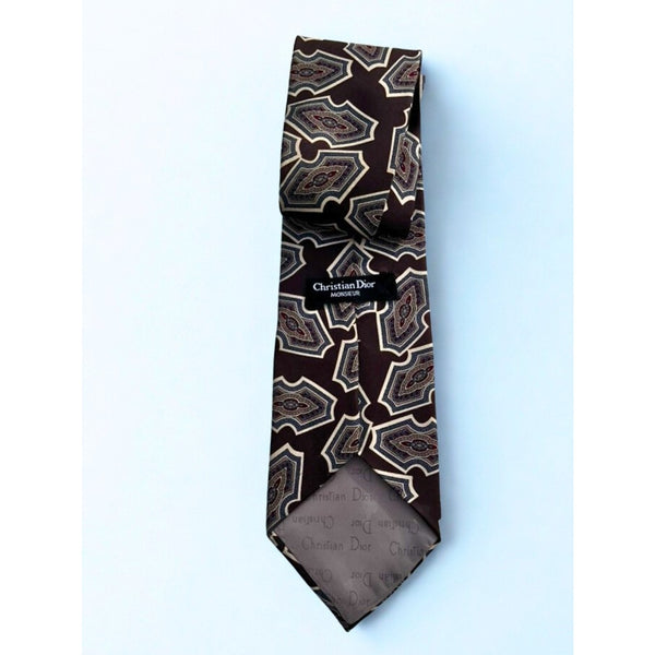 Christian Dior Monsieur Silk Tie Brown Blue Geometric Abstract VTG Italy USA
