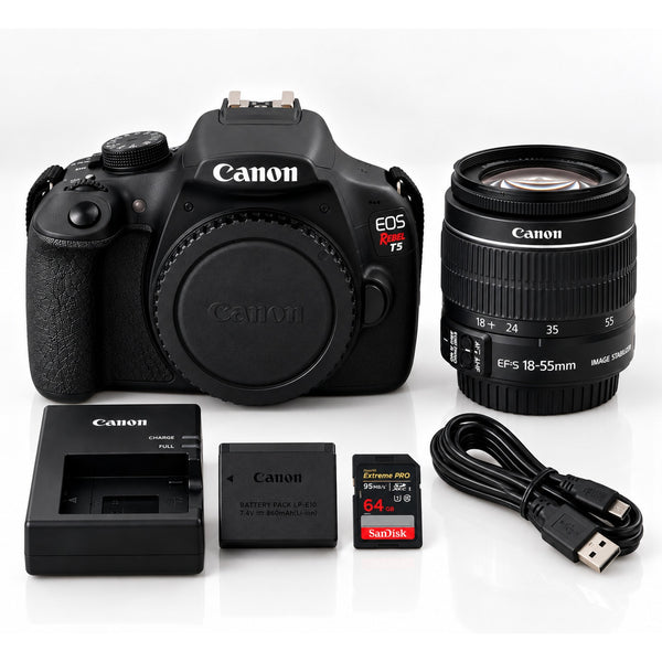 Canon EOS Rebel T5 DSLR Camera 18MP w/18-55mm Lens Box 64GB Tested