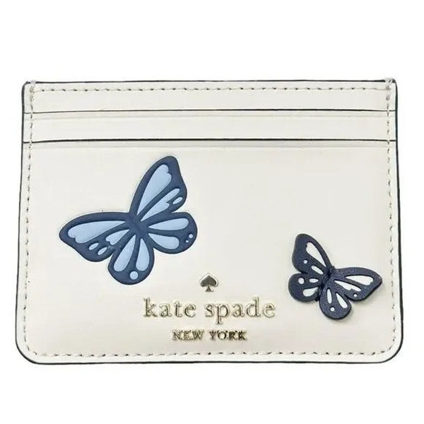 Kate Spade Flutter Fly Butterfly Leather Card Holder White Blue NWOT MSRP $99