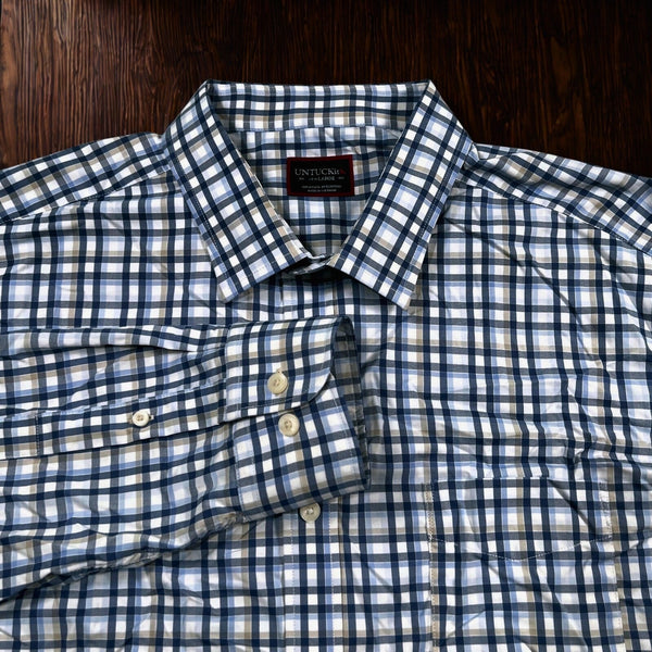UNTUCKit Sardinia Blue Plaid Button Up Shirt Mens L Slim Fit Nylon Stretch