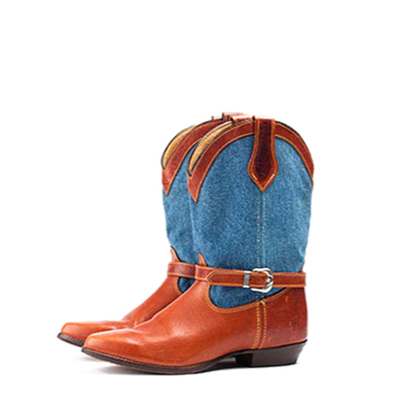 Frye Cowboy Boots Denim Brown Leather Silver Buckles Vintage Sz 8 RARE Deadstock