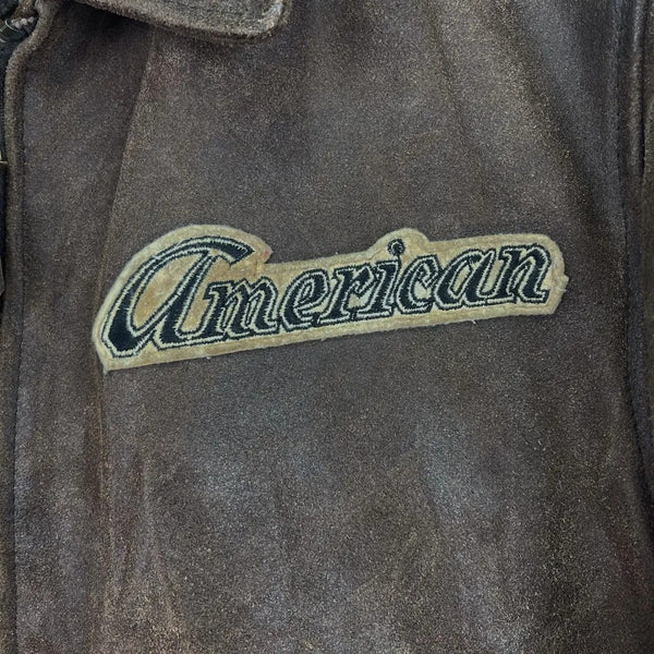 DKNY Jeans Vintage Leather Bomber Jacket Brown American Motor Patches Sz S