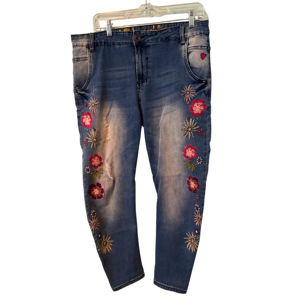 DESIGUAL Floral Embroidered Womens Graphic Skinny Jeans 30X27 18SWDD59 Y2K Vibes